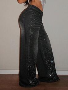 Jeanoix Plus Size Women's Fashion Rhinestone Embellished Washed Denim Wide Leg Pants Rave Black Summer - Black - View 8