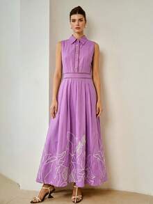 ZEYLAH 女款夏季休閒度假風無袖花卉刺繡收腰洋裝 - 紫色 - 查看 3