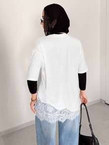 Solavon New Design Letter Print Loose Lace Trim Patchwork Short Sleeve T-Shirt - White - View 7