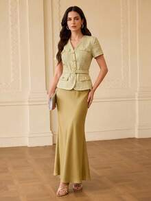 ZEYLAH Spring/Summer Short Sleeve Button-Up Business Fashion 2 In 1 Dress - Yellow - View 4