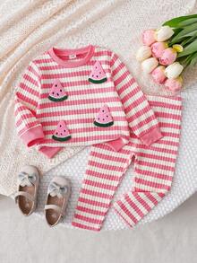 SHEIN Playful Pals 女嬰休閒日常可愛紋理粉色與白色條紋套裝,3D鉤編西瓜貼布透明俏皮上衣搭配長款內搭褲,秋季日常休閒可愛運動穿搭 - 淺粉色 - 查看 7