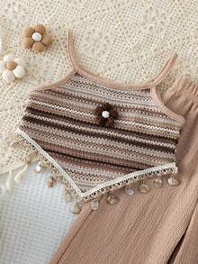 SHEIN 2件組女童夏季創意3D刺繡裝飾細肩帶背心，蕾絲拼接不對稱下擺搭配休閒長褲套裝 - 棕色 - 查看 5
