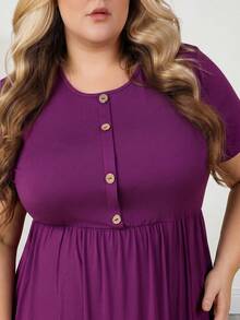 Hourglow Plus Size Basic Front Button Decor Round Neck Short Sleeve Comfy Dress, For Hourglass Body Shape Elegant - Red Violet - View 3