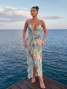 Sirith Women Light Blue Floral Summer Boho Beach Holiday Holiday One-Piece Swimsuit & Sheer Mesh Maxi Skirt,Hollow Beaded Animal Print Ruched Swimwear Set - Multicolor - View 1