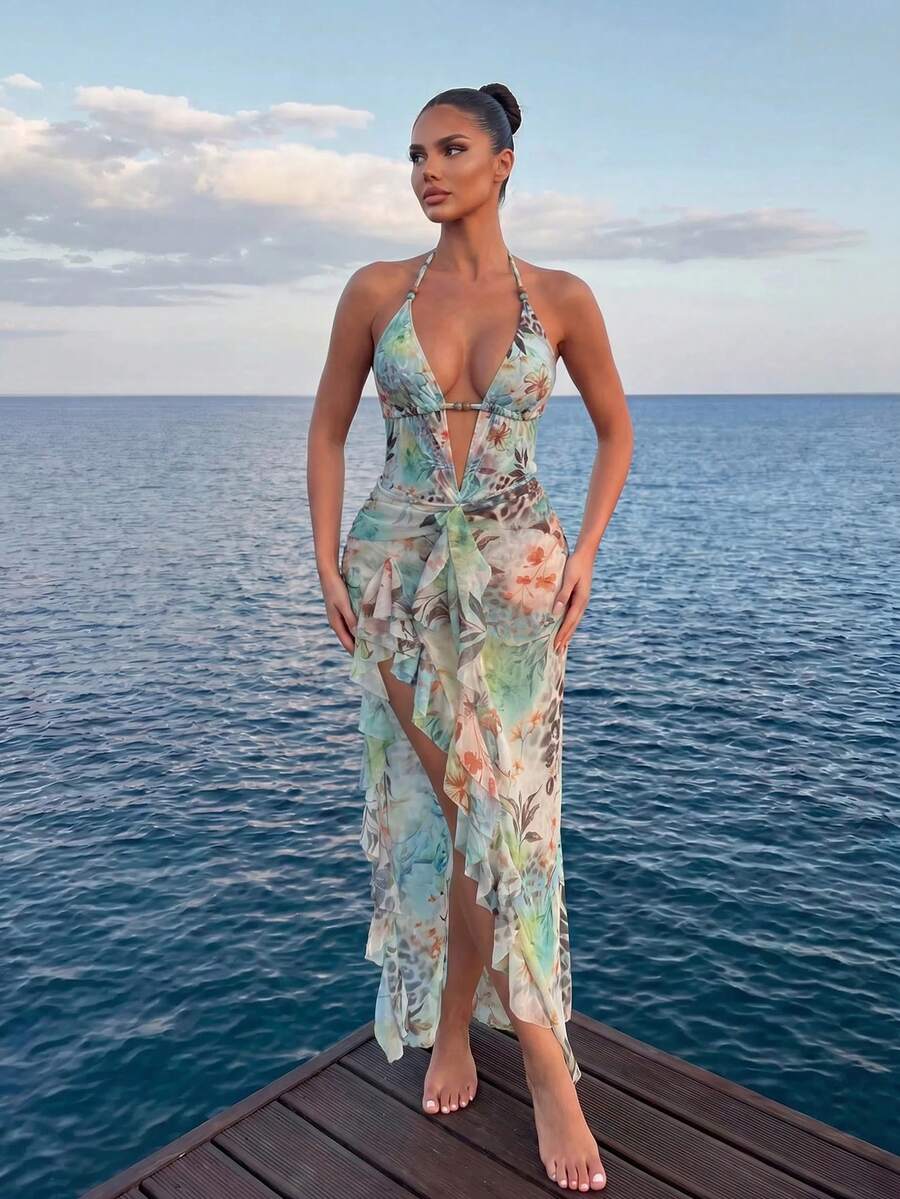 Sirith Women Light Blue Floral Summer Boho Beach Holiday Holiday One-Piece Swimsuit & Sheer Mesh Maxi Skirt,Hollow Beaded Animal Print Ruched Swimwear Set - Multicolor - View 1