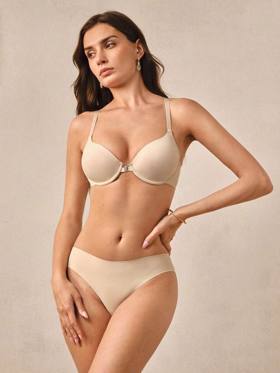 Hourtrue Damen Sexy Spitzen-Rücken-Schleife BH, Front-Verschluss bequem & glatt, multifunktionaler atmungsaktiver Push-Up BH - Aprikosenfarben - Übersicht 1