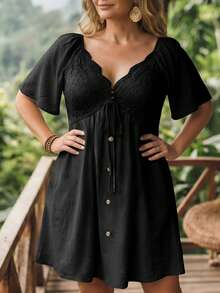LanaWest CURVE Plus Size Spring/Summer Contrast Lace Vacation Dress - Black - View 4
