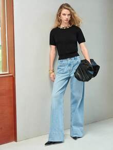 MOTF PREMIUM Top de Tricô Preta Vintage com Gola Redonda e Mangas Curtas Bufantes Divertidas, Adequada para Usar Sozinha ou como Camada Interna, Fácil de Usar para Deslocamento e Ocasiões Casuais - Preto - Visão 1