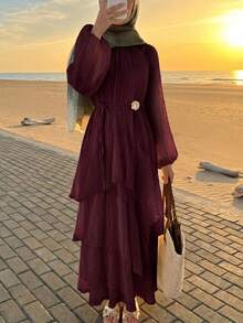 Solavon New Ruched Multi-Layer Flounce Cinched Waist Flowy Beach Dress, Flattering And Suitable For Vacation And Beach Unlined Sleeves - Red Violet - View 4