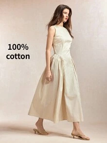BizChic Waist-Cinched Lace Trim Patchwork Pleated Striped Dress, Elegant Sexy French Vintage Business Commute Date Daily Vacation Halloween Back To School Party Birthday Slimming Elegant Versatile Autumn Wedding Guest Church Special Occasion Office Formal Vacation Style Light Luxury Minimalist - Apricot - View 8