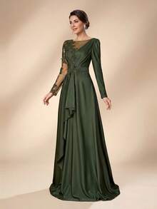 Serin Elegante y glamuroso vestido de gala con apliques de encaje bordado, mangas transparentes y falda completa, vestidos de noche para bodas, fiestas de graduación, festivales y fiestas de novias - Verde militar - Ver 3