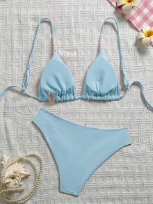 Swim Mod 女款手工串珠三角比基尼泳衣套裝，老錢風，性感海灘度假泳池派對泳裝，純色，春夏，百搭 - 淺藍色 - 查看 5