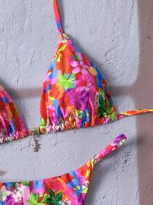 Vaclyn Women's Spring/Summer Random Print Halter Neck Metal Decor Bikini Set - Multicolor - View 6