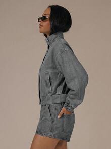 MUSERA Denim High Neck Balloon Sleeve Zip Through Jacket Spring Summer Cute Cosy Cottage Core Spring Dew - Grey - View 4