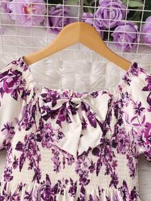Tween Girls Vacation Back To School Purple Floral Print Square Neck Short Sleeve Shirred Dress - Purple - View 4