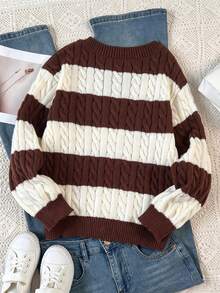 SHEIN Tween Girls Striped Colorblock Cable Knit V-Neck Lantern Sleeve Oversized Pullover Sweater, Suitable For Autumn/Winter, Suitable For Outings - Khaki - View 2