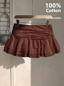 SHEIN Unity Women's Pure Cotton Elegant Ruffle Hem Vacation Style Mini Skirt, Summer Skirt, White - Rust Brown - View 1