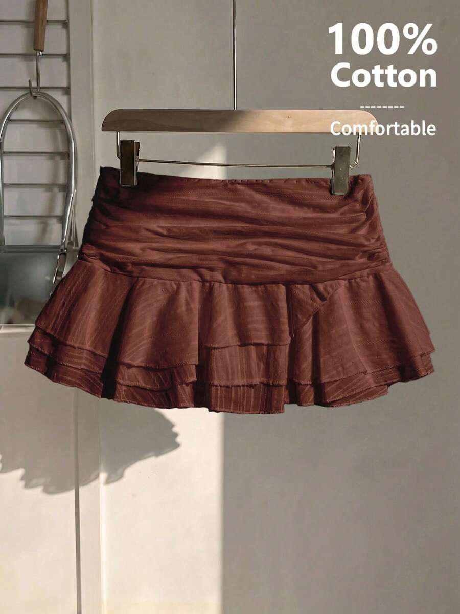 SHEIN Unity Women's Pure Cotton Elegant Ruffle Hem Vacation Style Mini Skirt, Summer Skirt, White - Rust Brown - View 1