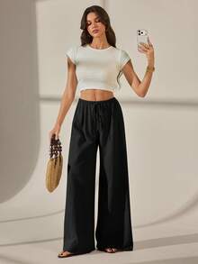SHEIN Tall 女款純色抽繩腰休閒百搭日常穿著寬腿長褲 - 黑色 - 查看 9