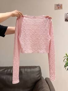 Comfortcana 女款鏤空刺繡前綁帶薄款外套 粉色 秋季 約會日常 可可愛優雅休閒 - 粉色 - 查看 3