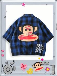 ROMWE MEN Paul Frank X ROMWE Men's Plaid Short Sleeve Single-Breasted Casual Loose Fit Shirt - Blue - View 1