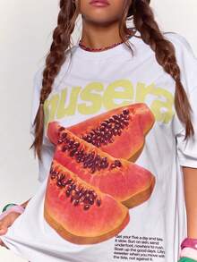 MUSERA 圖形 Logo 水果印花大尺寸圖案 T-shirt 夏季度假 春季假期 海灘游泳 伊比薩派對 可愛潮汐與曬痕 - 白色 - 查看 2