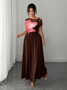 Elenzga Robe midi drapée style bohème pour femmes grandes tailles, col asymétrique, imprimé floral crème, printemps/été, tenue élégante pour vacances, plage, fête, jupe drapée ample parfaite pour la plage, photos de jardin, fête d'anniversaire ou dîner romantique - Marron - Voir 4