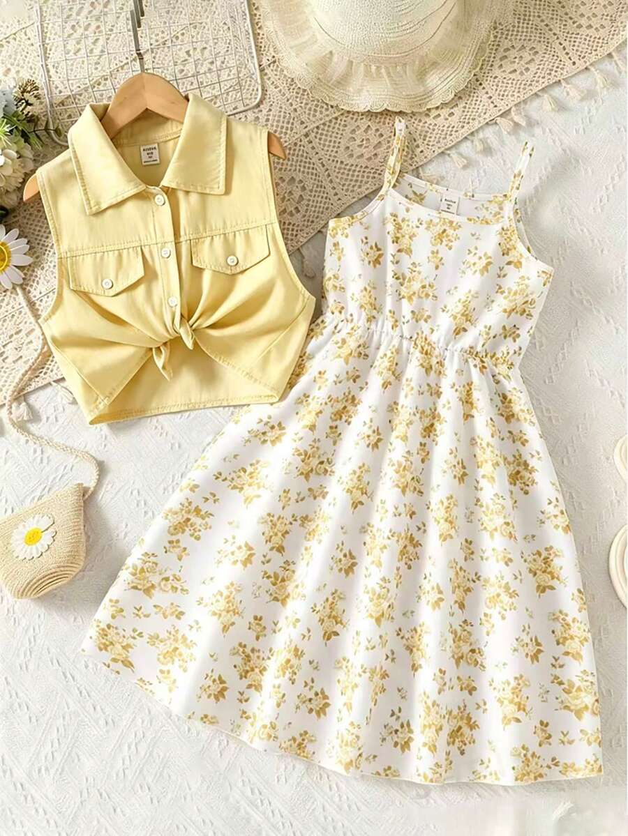 SHEIN 2件組 青少年女孩背心與花卉度假印花細肩帶洋裝 春夏套裝 - 彩色 - 查看 1