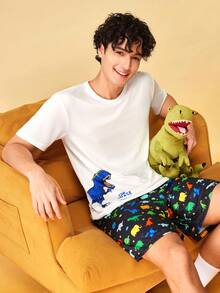 SHEIN Men's Fun Dinosaur Home & Casual Crew Neck Set - White - View 7