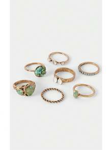Noxbound Kombinasi Cincin Logam Antik Retro, Set Tumpuk Multi-Gaya, Aksesori Suasana Retro - MultiWarna - View 7