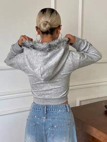 DAZY Women's Grey Hooded Zip-Up Long Sleeve Cropped Fitted Sweatshirt Jacket With Pom Pom Decor - Grey - View 2