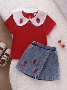 SHEIN Playful Pals 返校季女童休閒可愛圓領標準肩紅色T恤與草莓刺繡牛仔裙褲套裝，夏季 - 紅色 - 查看 4
