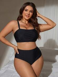 SHEIN Swim 基本簡約豹紋抹胸式大尺碼女款泳衣套裝 - 黑色 - 查看 2