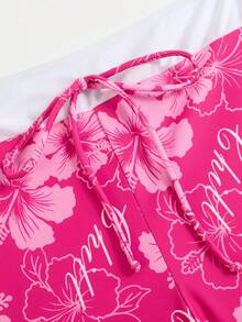 SHEIN Swim Curve Magenta Tropical Ditsy Floral Deep Tie Straps Casual Vacation Pool Women's Halter Neck Push-Up Bikini Top - Multicolor - View 6