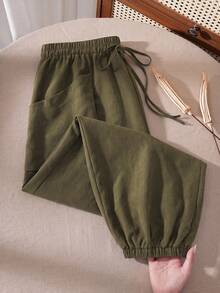 Rusticease Plus Size Olive Green Drawstring Waist Pocket Jogger Pants Autumn Casual Traditional Vacation Outfits For Women Beach Semi Formal Lounge Going Out - Army Green - View 4