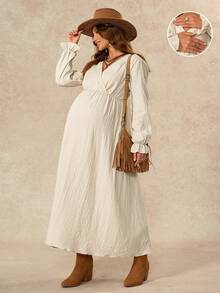 Boho Mama Apricot A-Line Dress With Ruffled Cuffs Cotton Fabric Suitable For Autumn Daily Wear Photoshoot And Vacation Country Style Maternity Normal For Women - Khaki - View 3