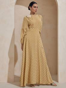 Graceveil Waist-Cinched Tie-Up Polka Dot 3D Floral Decor Elastic Sleeve Full Skirt Arabian Dress - Camel - View 3