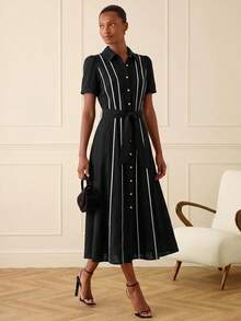 Lilora Elegant Women Black Button Down Dress With Belted Waist - Black and White - View 4