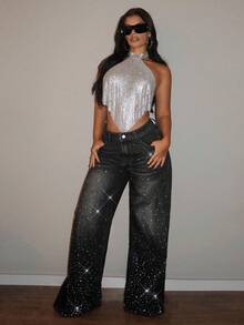 Jeanoix Plus Size Women's Fashion Rhinestone Embellished Washed Denim Wide Leg Pants Rave Black Summer - Black - View 6
