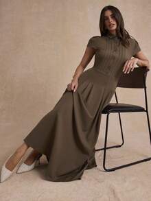 Enchnt Gaun Wanita Elegan Berwarna Polos - Coklat tua - View 6
