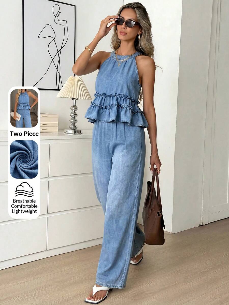 Easowa Damen-Neckholder-Top mit Rüschensaum und Hose, lässiges Denim-Set
