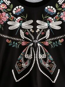 Modelyn 女款極簡圓領奢華花卉印花百搭時尚高端夏季大尺碼短袖T恤 - 黑色 - 查看 5
