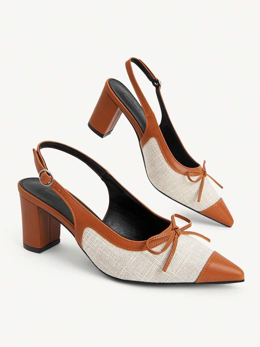 CUCCOO CHICEST Spring And Summer New Linen Leather Pointed Back Strap Sandals, Bow Beige Thick Heel Commuter Women's High Heels Fashion Dating Commuter Party - Beige - View 1