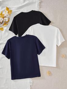 SHEIN Sparklyn 青少年女孩休閒圖案刺繡圓領短袖百搭T恤上衣 返校季 - 彩色 - 查看 2