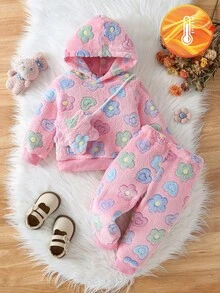 SHEIN Vintaside Kids 嬰兒毛絨套裝，加厚珊瑚絨服裝附包包，可愛花卉連帽套裝，適合秋冬家庭搭配里程碑，粉色可愛端莊 - 粉色 - 查看 4