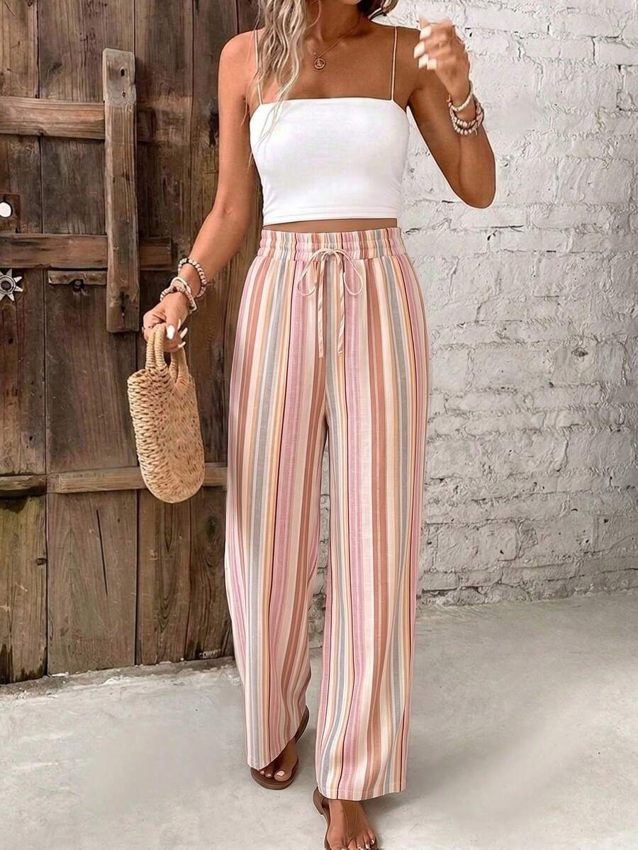 SHEIN Frenchy 女款抽繩腰條紋拼接休閒百搭日常旅行長褲 - 彩色 - 查看 1