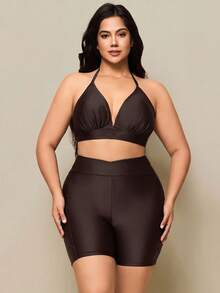 SHEIN Swim 2026夏季新款海灘度假簡約休閒純色高腰大尺碼泳褲下身 - 咖啡棕 - 查看 3