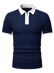 Manfinity Homme Camisa polo de manga corta con bloques de color y patchwork para hombre - Azul Marino - Ver 3