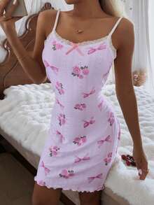 CottageSlumber Gaun Tidur Wanita Model Cami dengan Hiasan Pita Bunga Renda dan Punggung V - Baby Pink - View 6