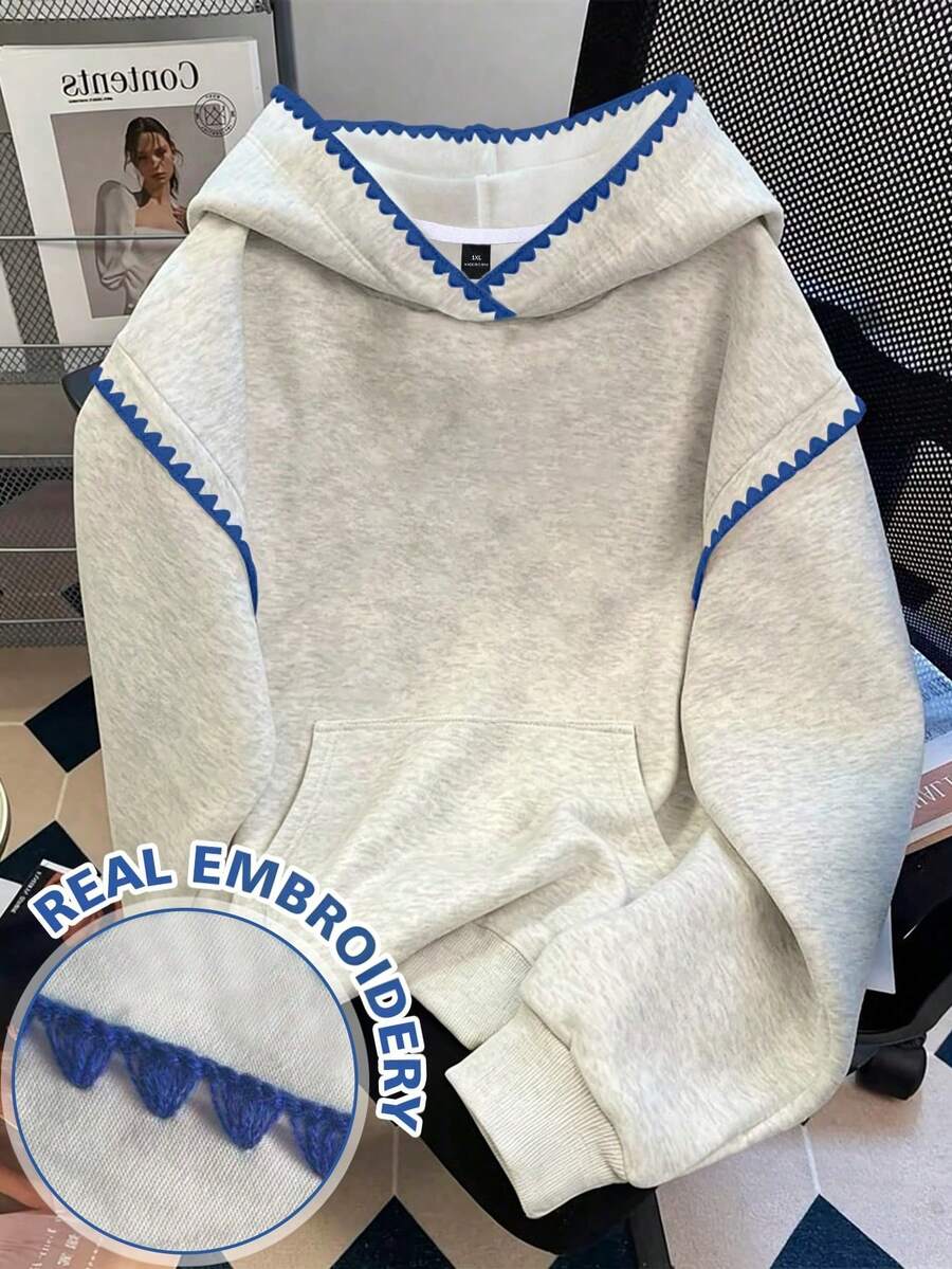 EMERY ROSE 大尺碼女款運動衫,秋冬款,休閒,適用場合,學校,返校季,簡約寬鬆刺繡對比圓領長袖套頭衫 - 彩色 - 查看 1